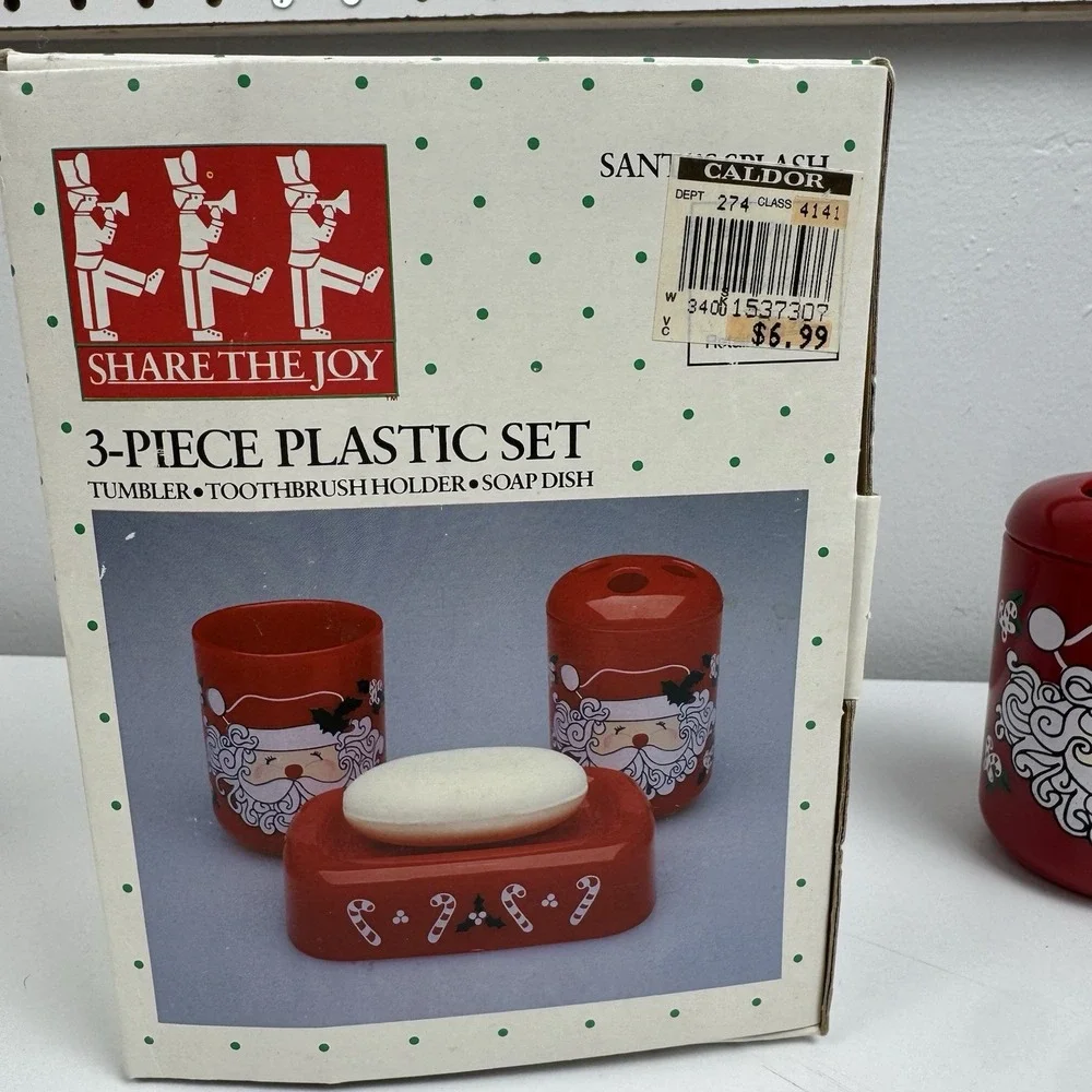 Vtg 90s Saturday Knight Ltd Santa Bathroom Set 3pc‎ Soap Dish Tumbler Holder USA